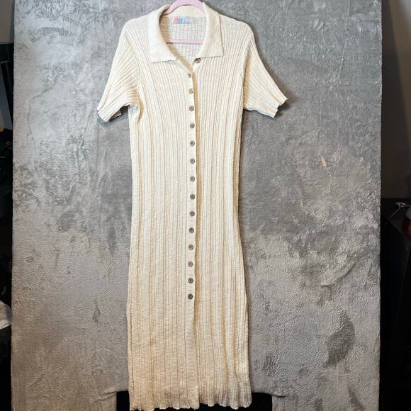 Free People Beach Size Large Riding Waves Knit Midi‎ Dress Button Down Cream - Picture 1 of 8